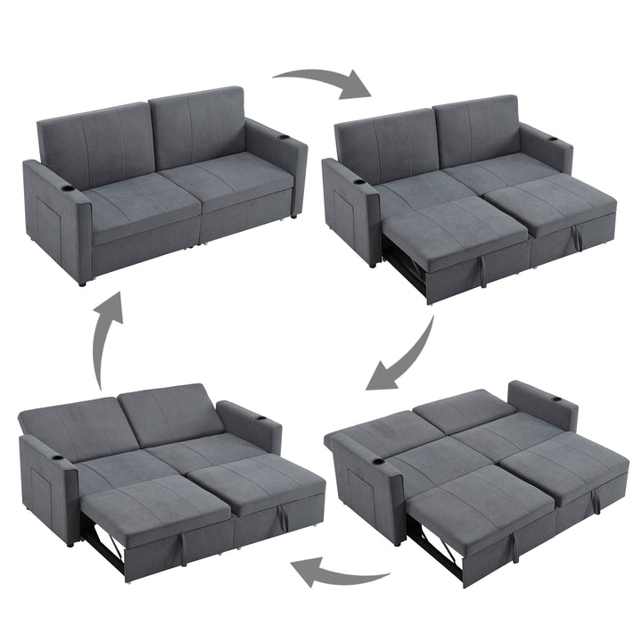Gray fabric convertible 2-seater pull-out sofa bed, adjustable backrest, storage pockets FROSTPOINT