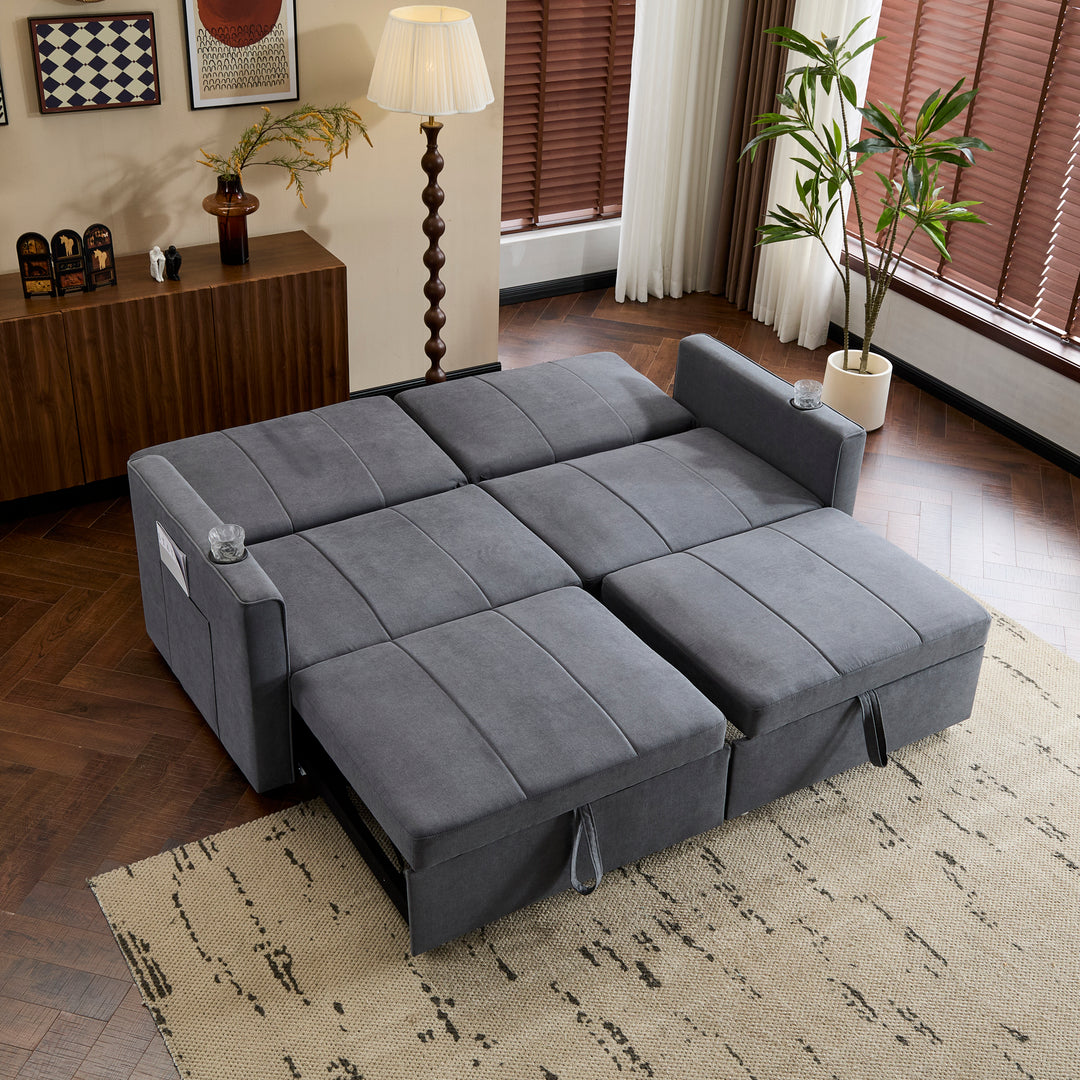 Gray fabric convertible 2-seater pull-out sofa bed, adjustable backrest, storage pockets FROSTPOINT