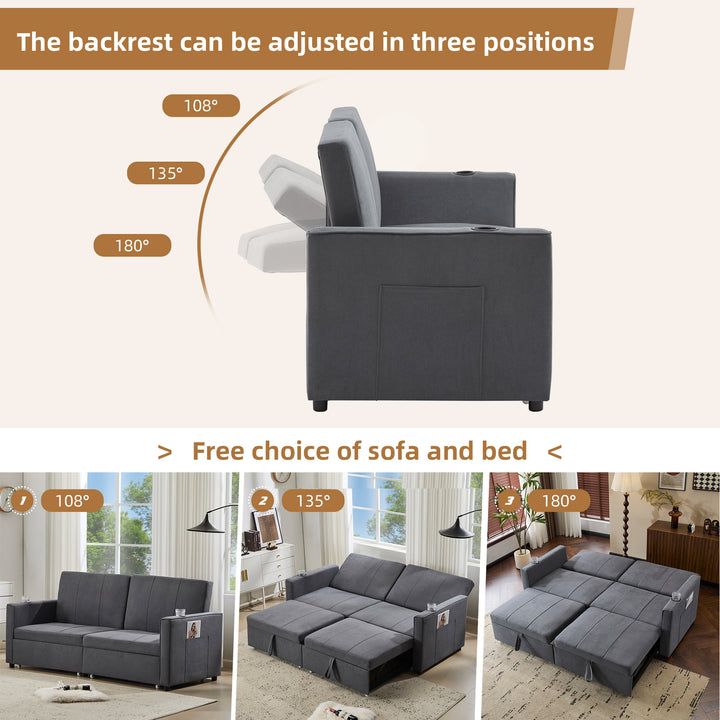 Gray fabric convertible 2-seater pull-out sofa bed, adjustable backrest, storage pockets FROSTPOINT