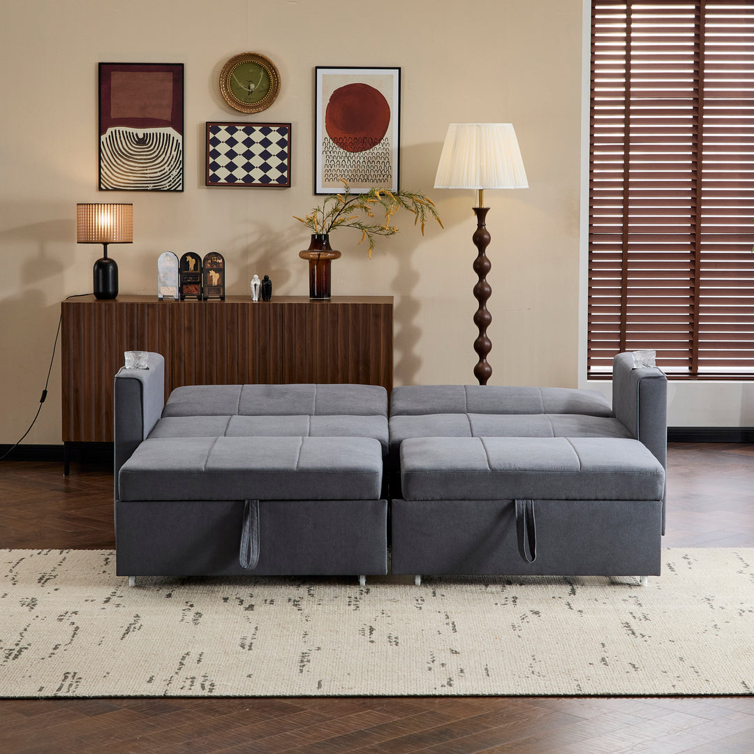 Gray fabric convertible 2-seater pull-out sofa bed, adjustable backrest, storage pockets FROSTPOINT