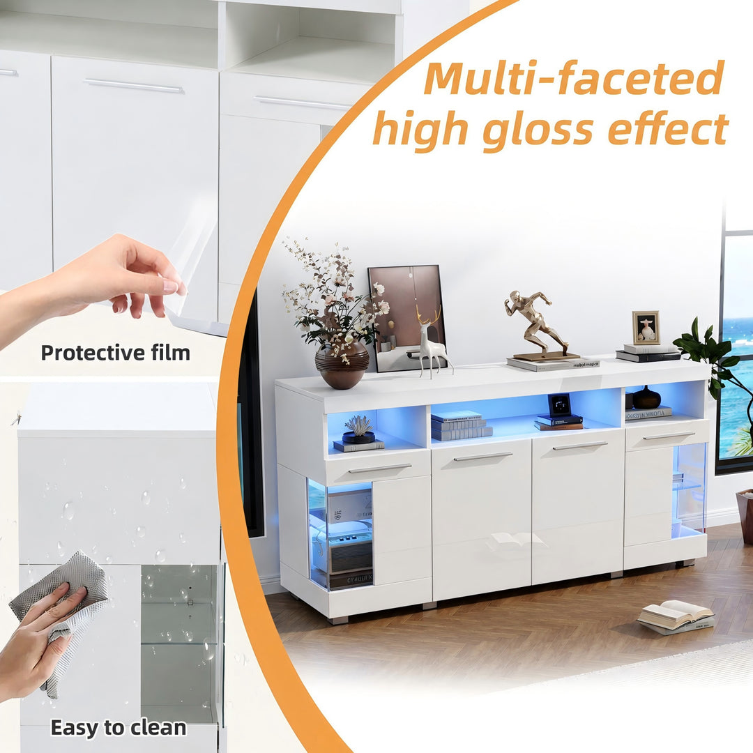 White high gloss sideboard cabinet with LED lights and glass shelves 140x40x70cm QUADSCREEN