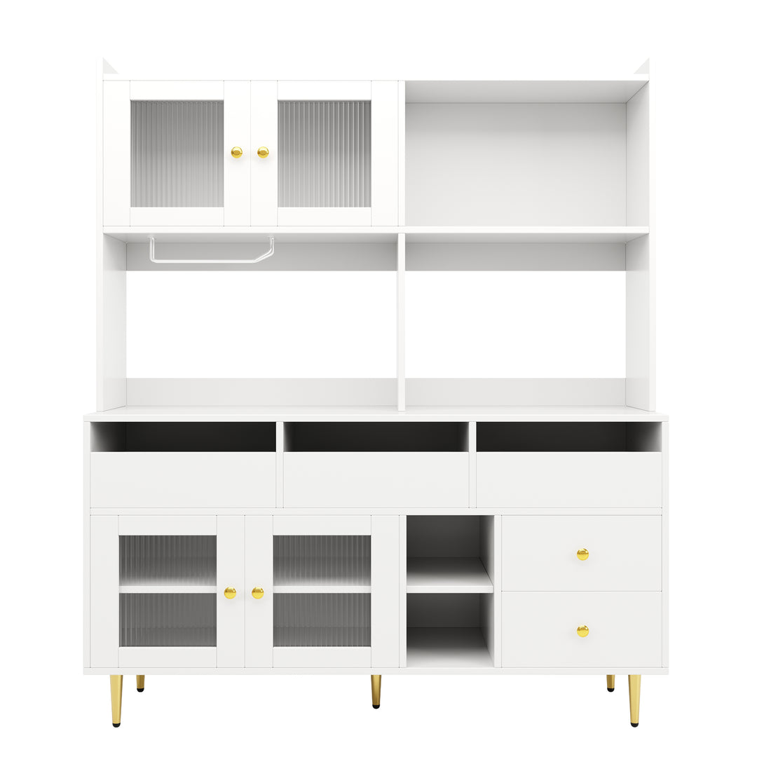 Modern white kitchen cabinet cupboard fluted glass doors, wine rack, and gold accents FROSTGLEN