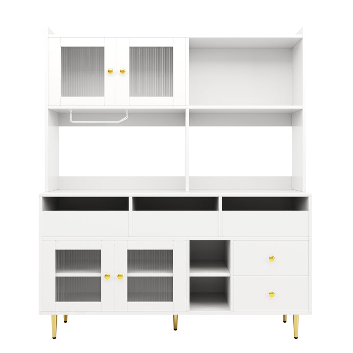 Modern white kitchen cabinet cupboard fluted glass doors, wine rack, and gold accents FROSTGLEN