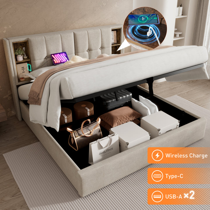 Beige linen upholstered gas lift storage double bed + wireless charging headboard OGAET BEIGE DOUBLE UK