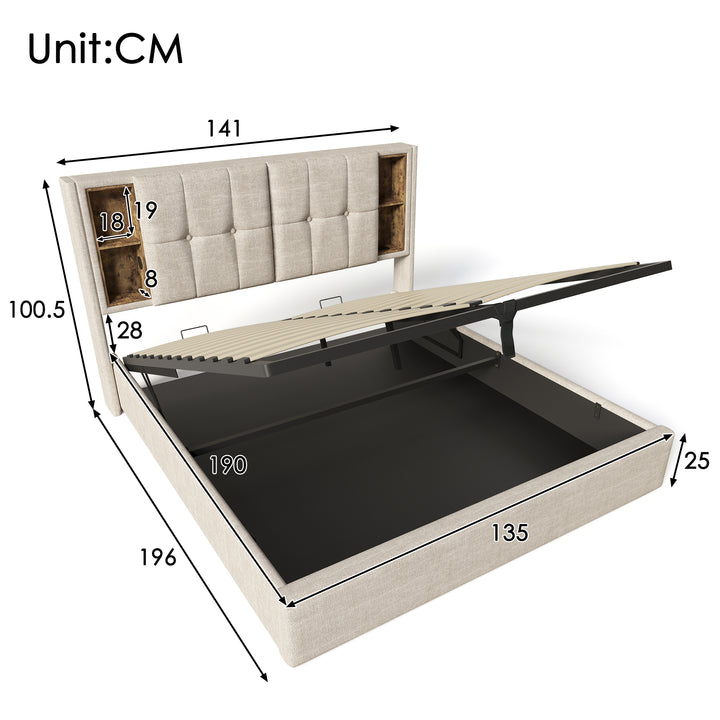 Beige linen upholstered gas lift storage double bed + wireless charging headboard OGAET BEIGE DOUBLE UK