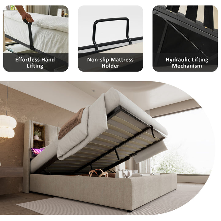 Beige linen upholstered gas lift storage double bed + wireless charging headboard OGAET BEIGE DOUBLE UK
