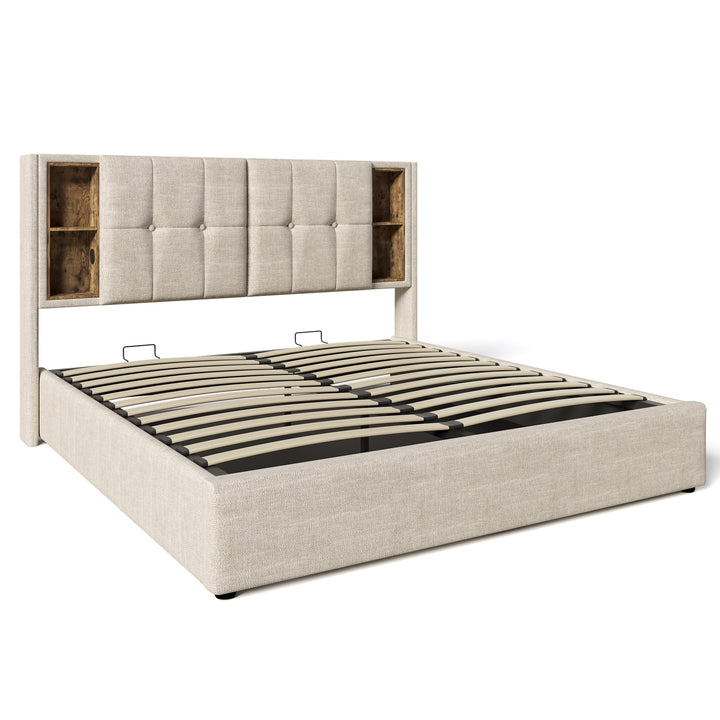 Beige linen upholstered gas lift storage double bed + wireless charging headboard OGAET BEIGE DOUBLE UK
