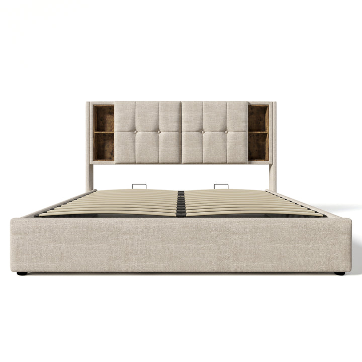 Beige linen upholstered gas lift storage double bed + wireless charging headboard OGAET BEIGE DOUBLE UK