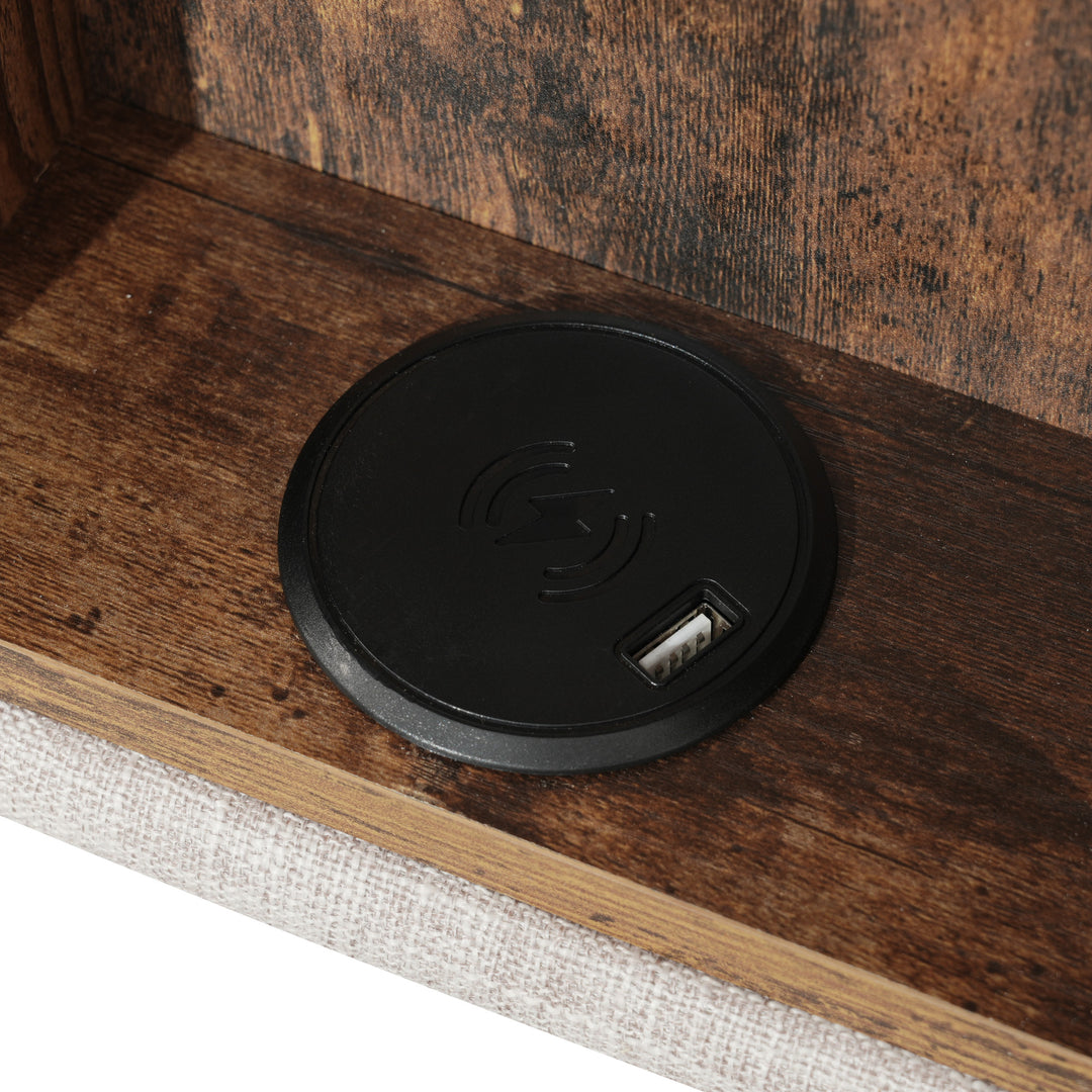 Beige linen upholstered gas lift storage king bed with wireless charging headboard OGAET BEIGE KING UK