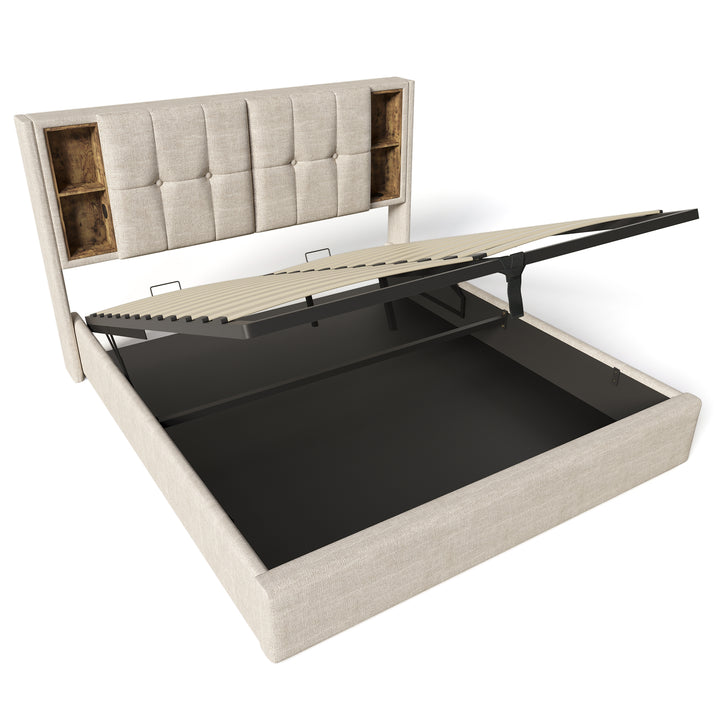 Beige linen upholstered gas lift storage king bed with wireless charging headboard OGAET BEIGE KING UK