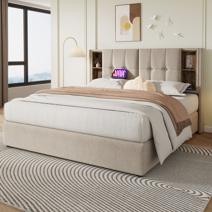 Beige linen upholstered gas lift storage king bed with wireless charging headboard OGAET BEIGE KING UK