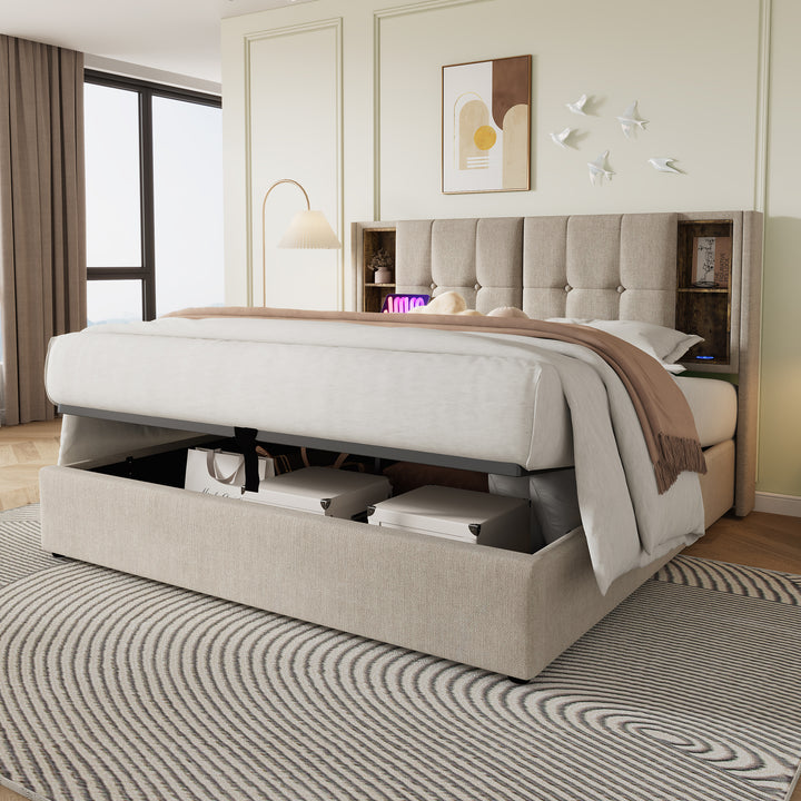 Beige linen upholstered gas lift storage super king bed + wireless charging headboard OGAET BEIGE SUPER KING UK