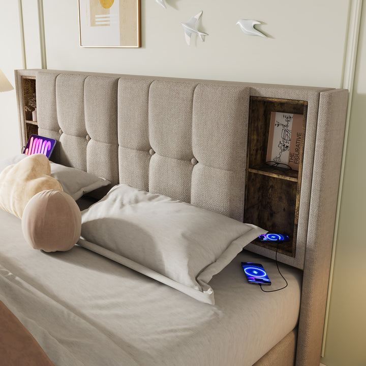 Beige linen upholstered gas lift storage super king bed + wireless charging headboard OGAET BEIGE SUPER KING UK