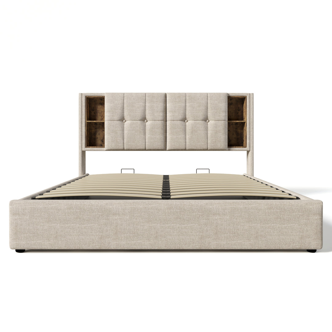 Beige linen upholstered gas lift storage super king bed + wireless charging headboard OGAET BEIGE SUPER KING UK