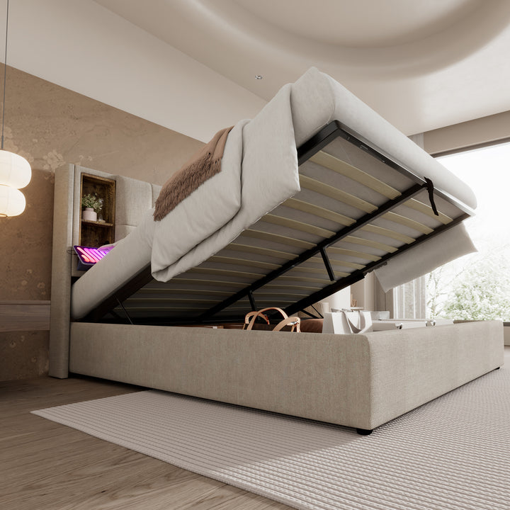 Beige linen upholstered gas lift storage super king bed + wireless charging headboard OGAET BEIGE SUPER KING UK