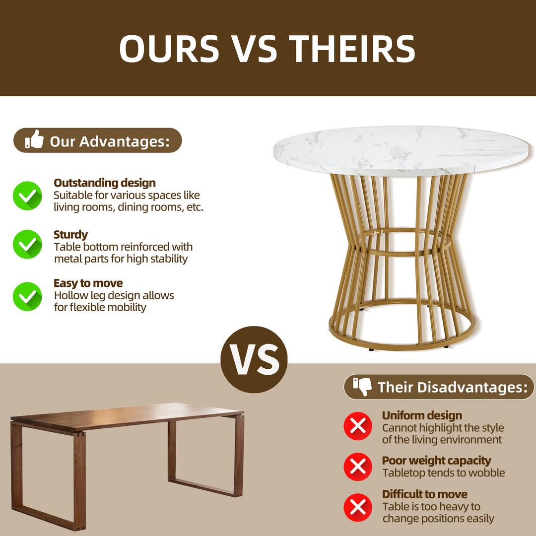 Elegant round dining table white marble-look gold metal base 100*100 ORGEKS UK