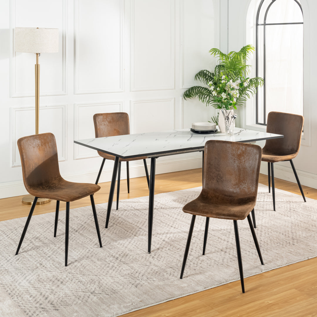 Dining set extendable table scandinavian style rectangular white table with of 4 scandinavian chairs suede WHALEN WHITE MARBLE STRETCH TABLE BG + SCARGILL SUEDE BLACK LEG 4PCS QY