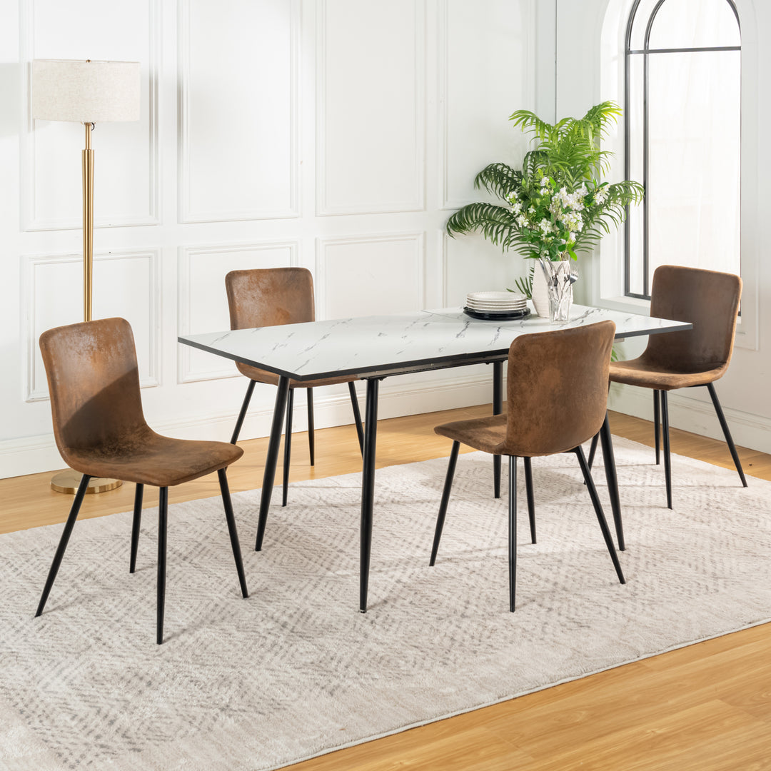 Dining set extendable table scandinavian style rectangular white table with of 4 scandinavian chairs suede WHALEN WHITE MARBLE STRETCH TABLE BG + SCARGILL SUEDE BLACK LEG 4PCS QY