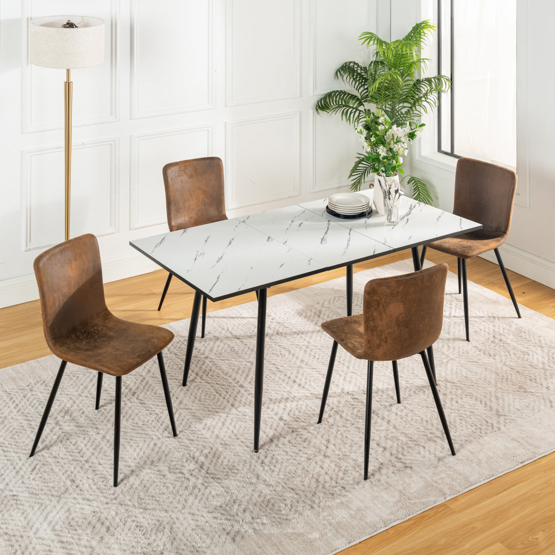 Dining set extendable table scandinavian style rectangular white table with of 4 scandinavian chairs suede WHALEN WHITE MARBLE STRETCH TABLE BG + SCARGILL SUEDE BLACK LEG 4PCS QY