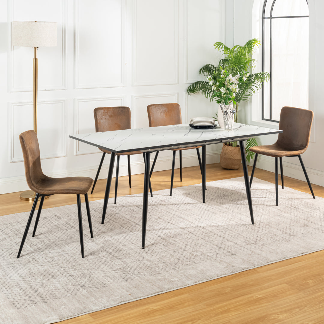 Dining set extendable table scandinavian style rectangular white table with of 4 scandinavian chairs suede WHALEN WHITE MARBLE STRETCH TABLE BG + SCARGILL SUEDE BLACK LEG 4PCS QY