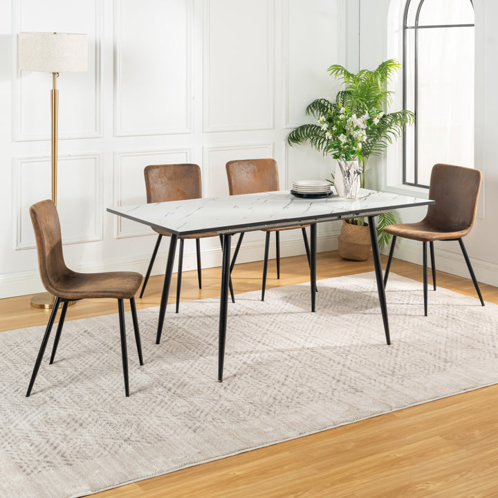 Dining set extendable table scandinavian style rectangular white table with of 4 scandinavian chairs suede WHALEN WHITE MARBLE STRETCH TABLE BG + SCARGILL SUEDE BLACK LEG 4PCS QY