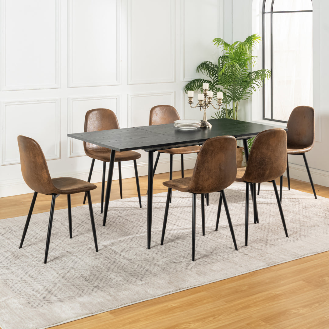 Rectangular extendable black dining room table with Scandinavian style wood effect gold dot feet 120-160 cm WHALEN DARK WOOD STRETCH TABLE BG