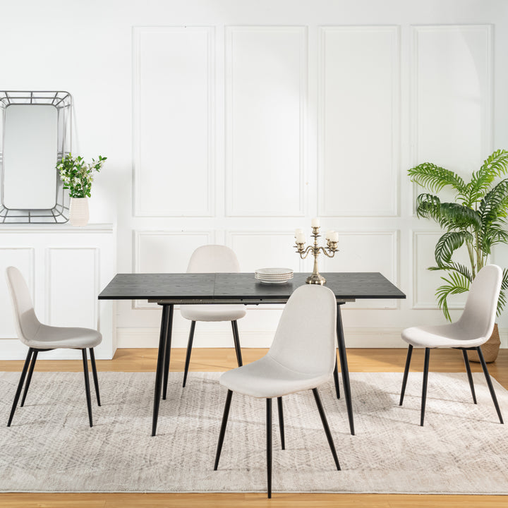 Black wood effect extendable table set 120-160 and 4 scandinavian chairs WHALEN DARK WOOD STRETCH TABLE BLACK LEG + CHARLTON FABRIC BEIGE