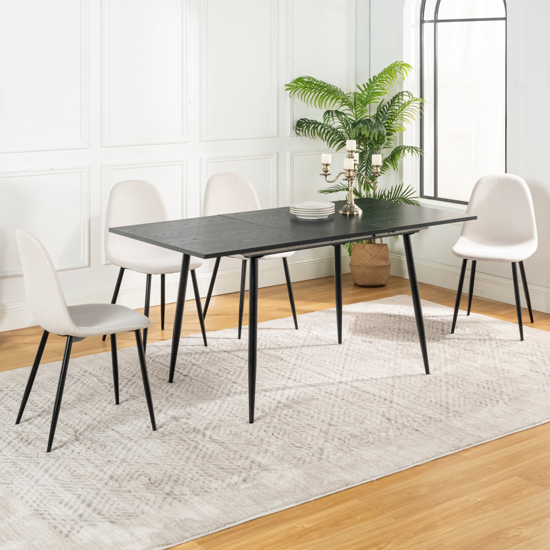 Black wood effect extendable table set 120-160 and 4 scandinavian chairs WHALEN DARK WOOD STRETCH TABLE BLACK LEG + CHARLTON FABRIC BEIGE