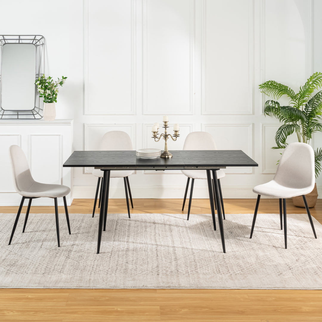 Black wood effect extendable table set 120-160 and 4 scandinavian chairs WHALEN DARK WOOD STRETCH TABLE BLACK LEG + CHARLTON FABRIC BEIGE