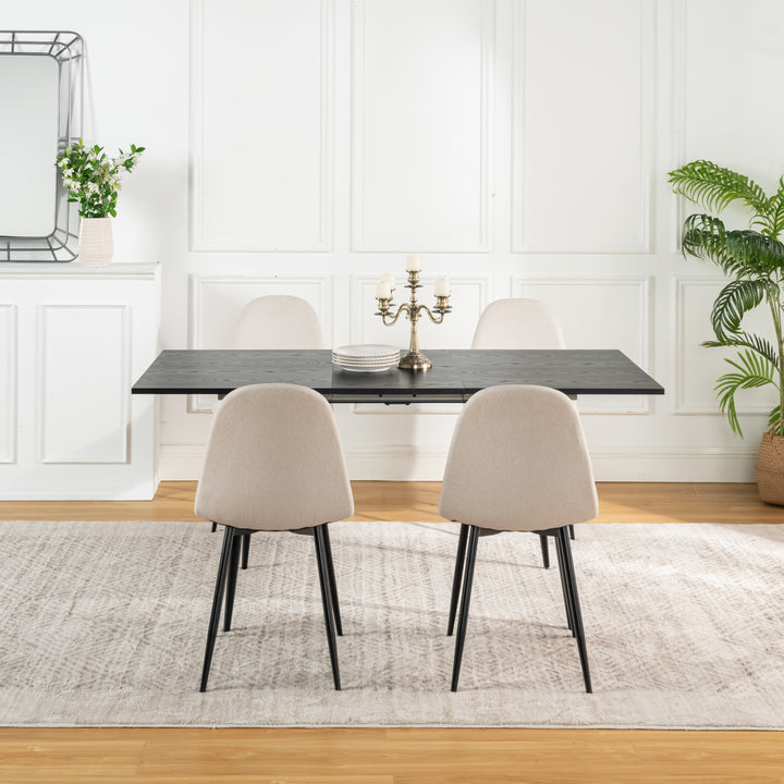 Black wood effect extendable table set 120-160 and 4 scandinavian chairs WHALEN DARK WOOD STRETCH TABLE BLACK LEG + CHARLTON FABRIC BEIGE