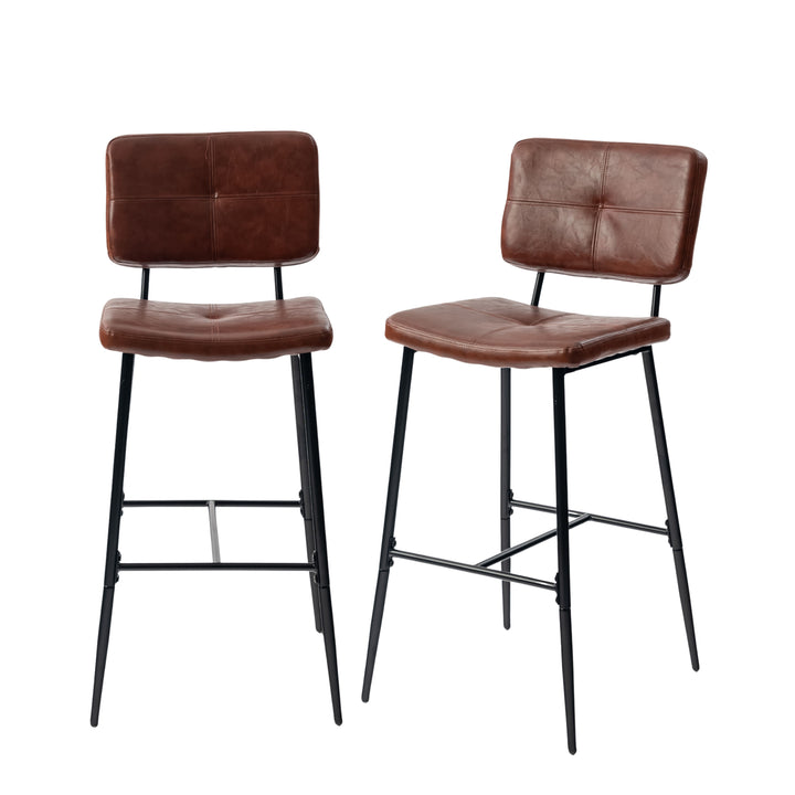 Set of 2 retro industrial brown oiled leather bar stools with footrest POMONA BAR 29 KD BROWN
