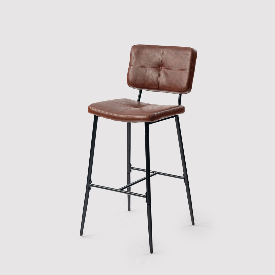 Set of 2 retro industrial brown oiled leather bar stools with footrest POMONA BAR 29 KD BROWN