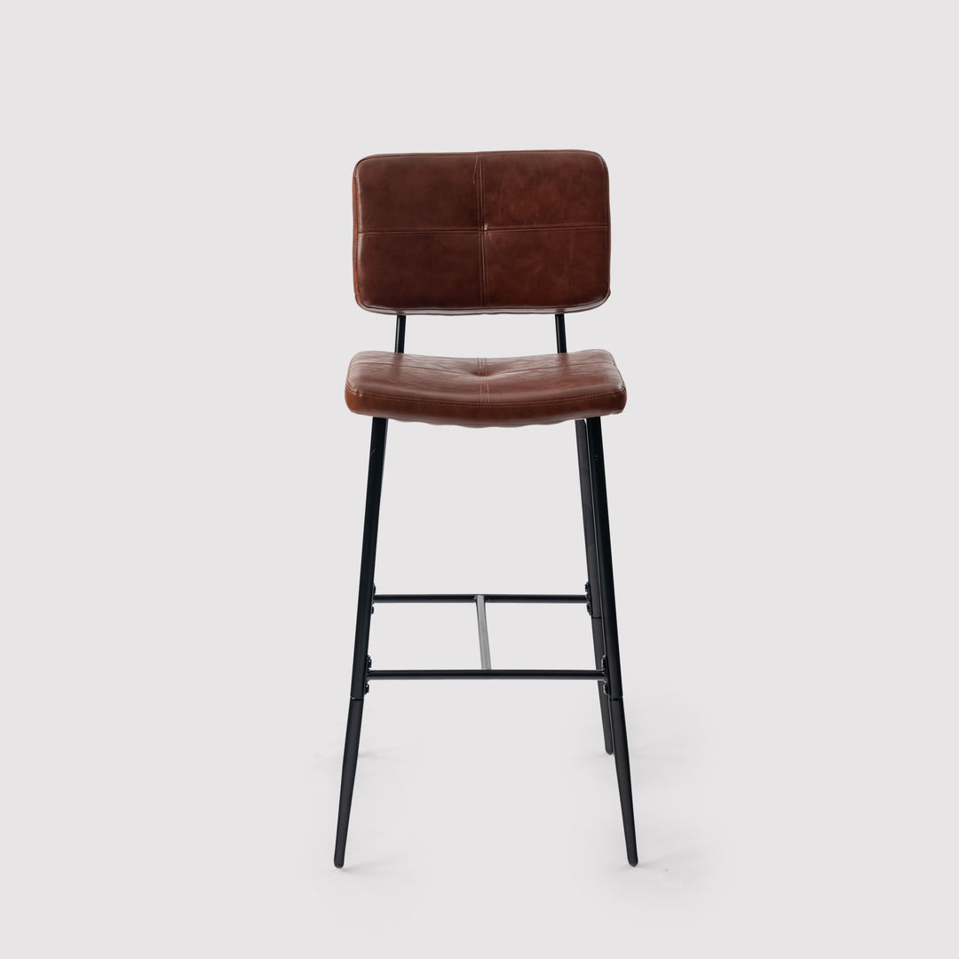 Set of 2 retro industrial brown oiled leather bar stools with footrest POMONA BAR 29 KD BROWN