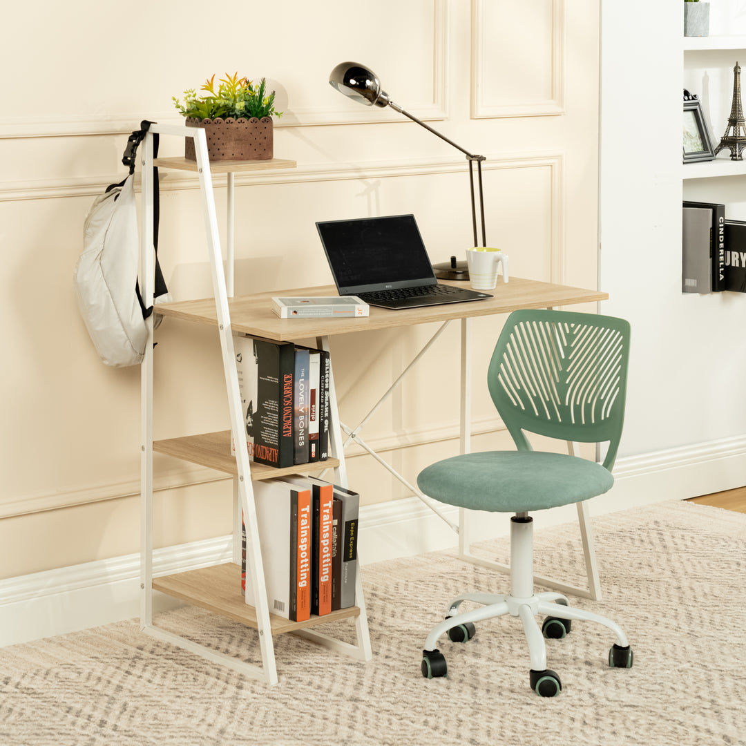 Desk with integrated shelves in white and wood grain style POUCHU WOOD A
