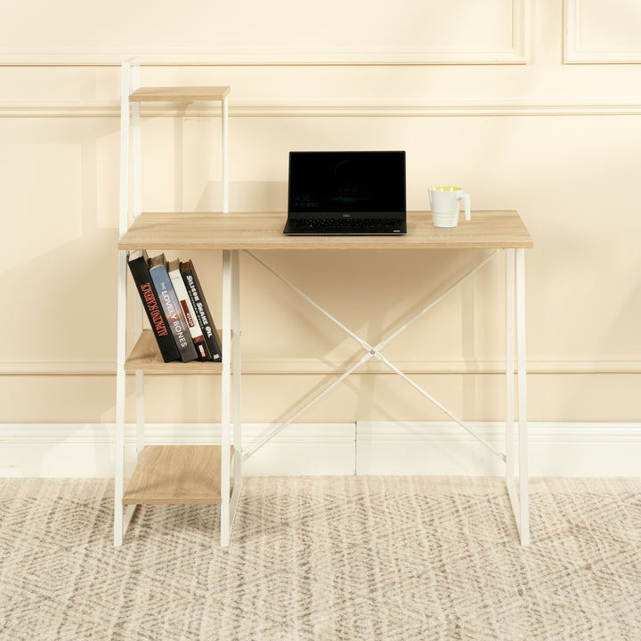 Desk with integrated shelves in white and wood grain style POUCHU WOOD A