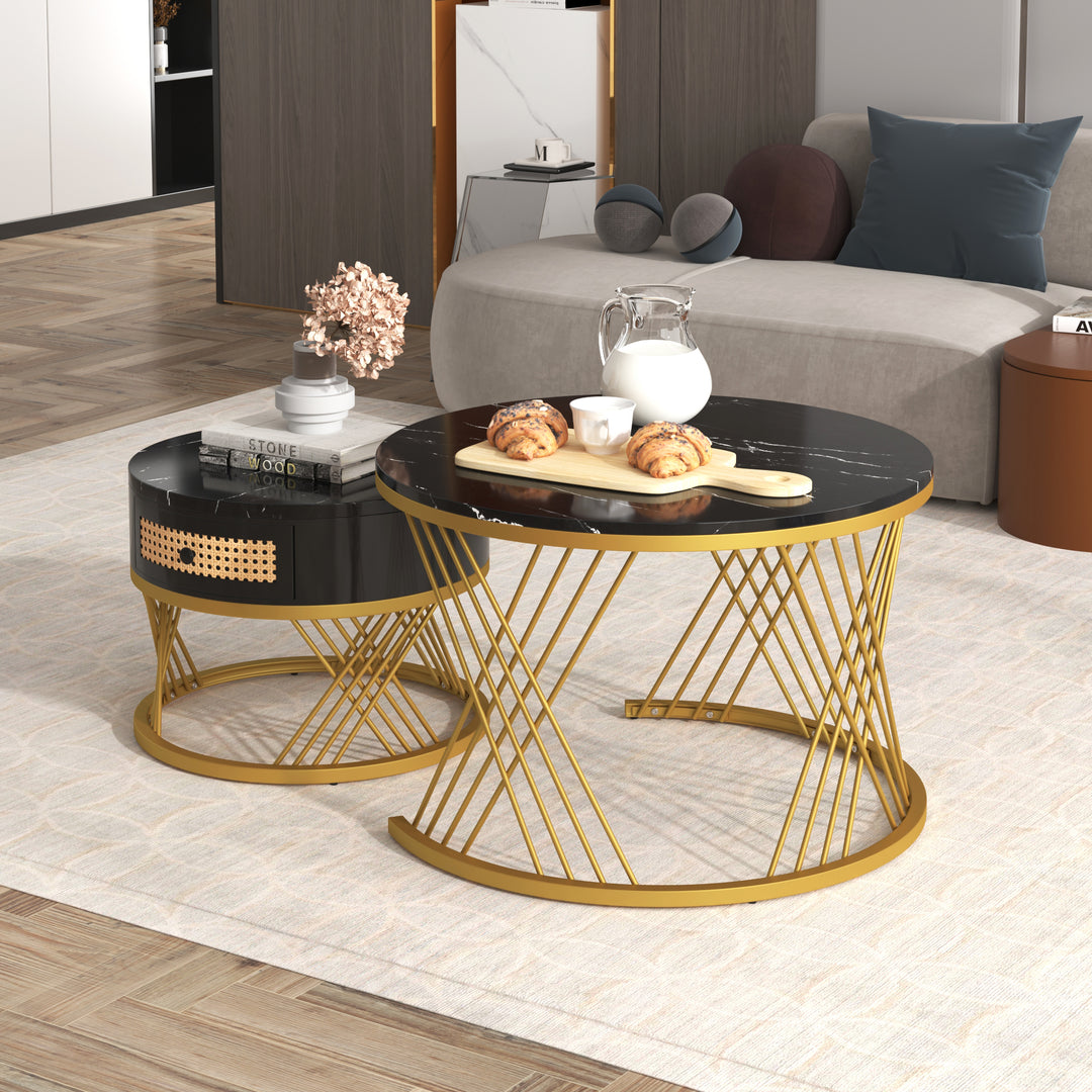 Set of 2 opulent gold nesting coffee tables black marble look & rattan 1 drawer PHAARQUKS BLACK UK