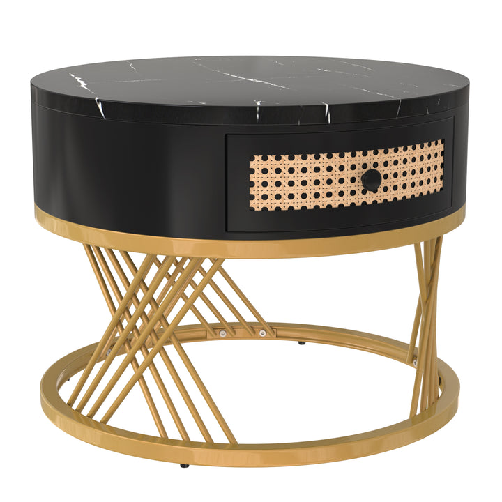 Set of 2 opulent gold nesting coffee tables black marble look & rattan 1 drawer PHAARQUKS BLACK UK