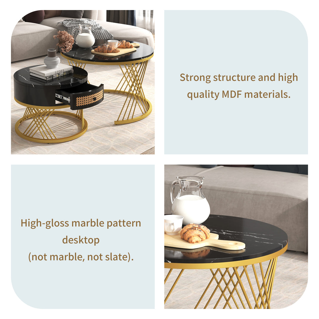 Set of 2 opulent gold nesting coffee tables black marble look & rattan 1 drawer PHAARQUKS BLACK UK