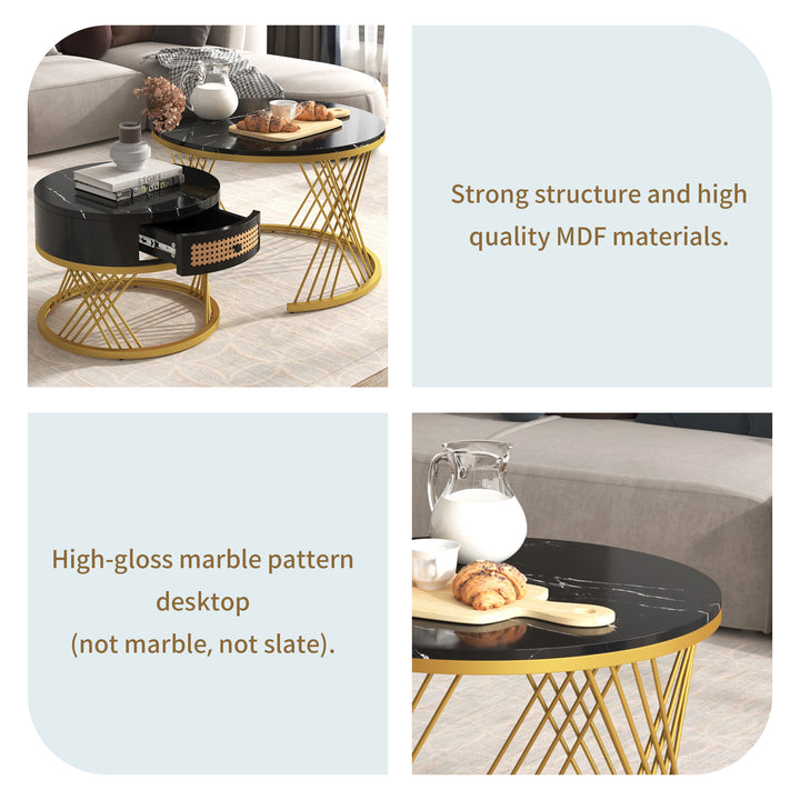 Set of 2 opulent gold nesting coffee tables black marble look & rattan 1 drawer PHAARQUKS BLACK UK
