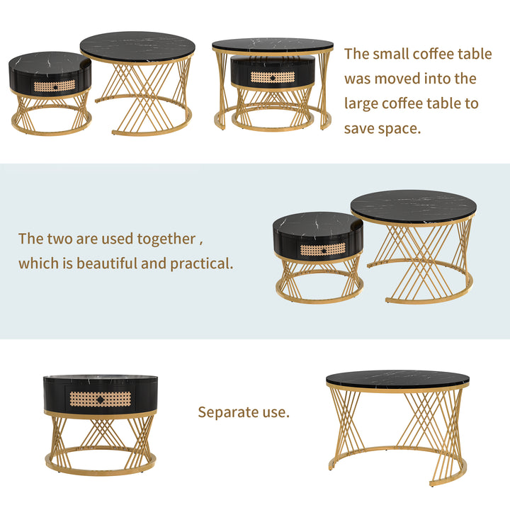 Set of 2 opulent gold nesting coffee tables black marble look & rattan 1 drawer PHAARQUKS BLACK UK