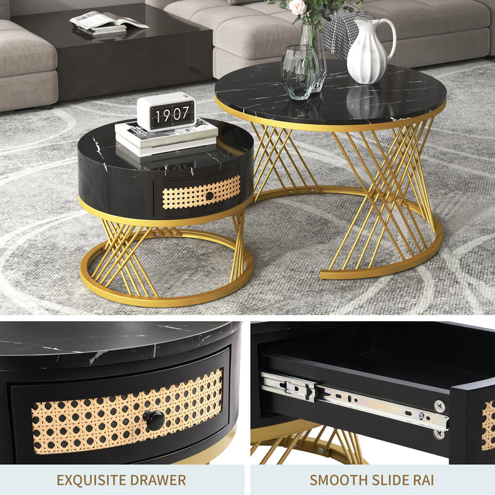 Set of 2 opulent gold nesting coffee tables black marble look & rattan 1 drawer PHAARQUKS BLACK UK