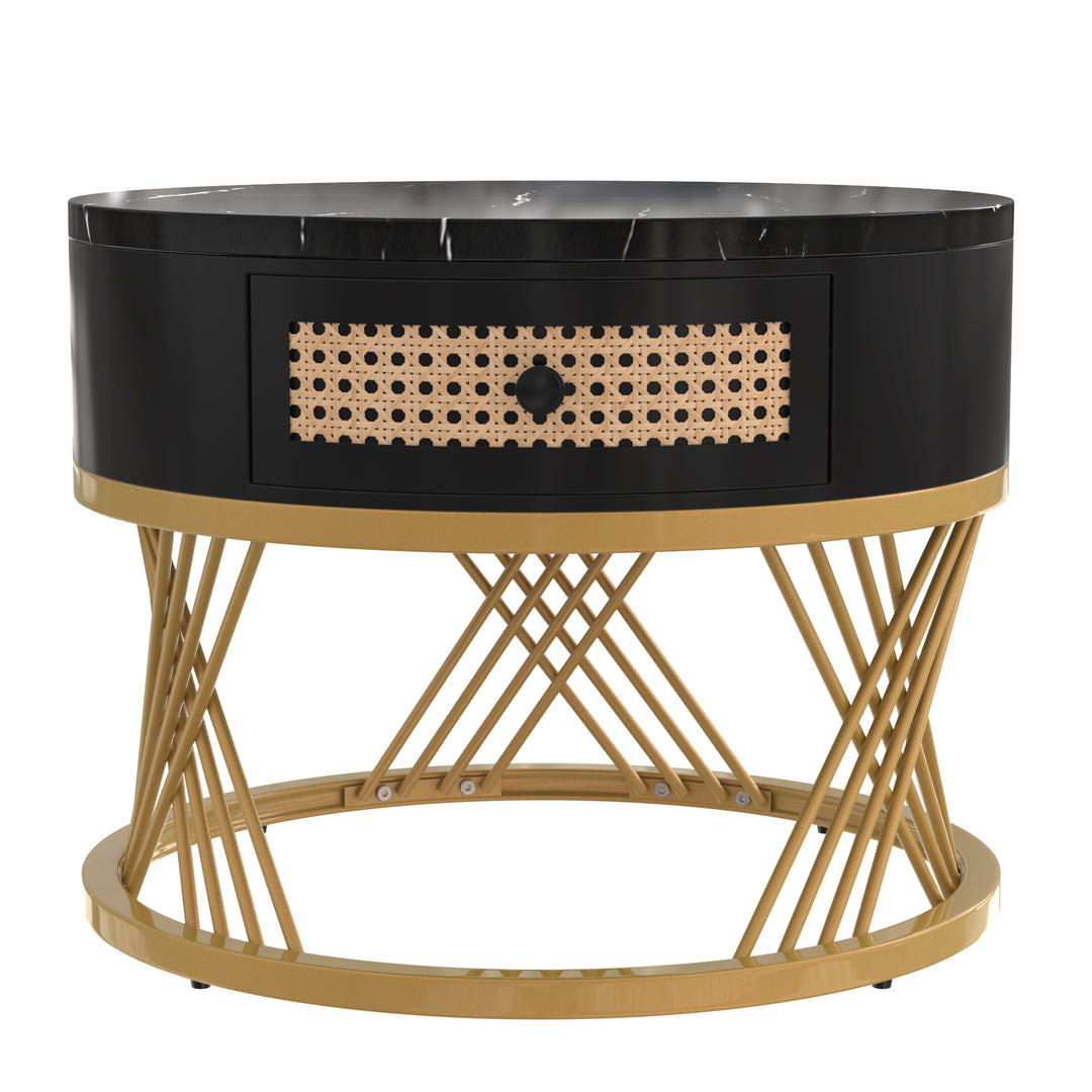 Set of 2 opulent gold nesting coffee tables black marble look & rattan 1 drawer PHAARQUKS BLACK UK