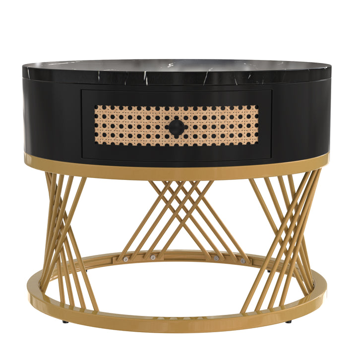 Set of 2 opulent gold nesting coffee tables black marble look & rattan 1 drawer PHAARQUKS BLACK UK