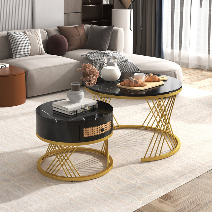 Set of 2 opulent gold nesting coffee tables black marble look & rattan 1 drawer PHAARQUKS BLACK UK