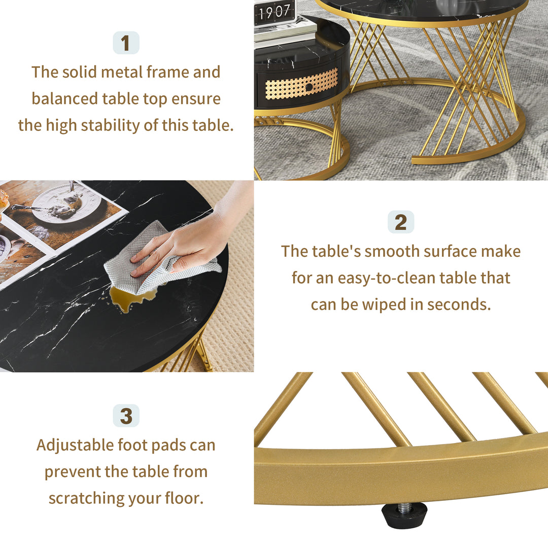 Set of 2 opulent gold nesting coffee tables black marble look & rattan 1 drawer PHAARQUKS BLACK UK