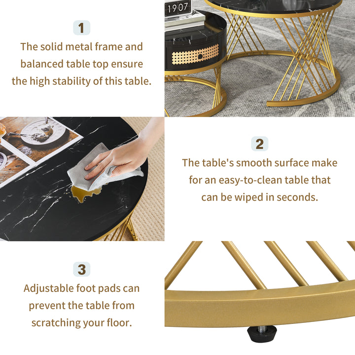 Set of 2 opulent gold nesting coffee tables black marble look & rattan 1 drawer PHAARQUKS BLACK UK