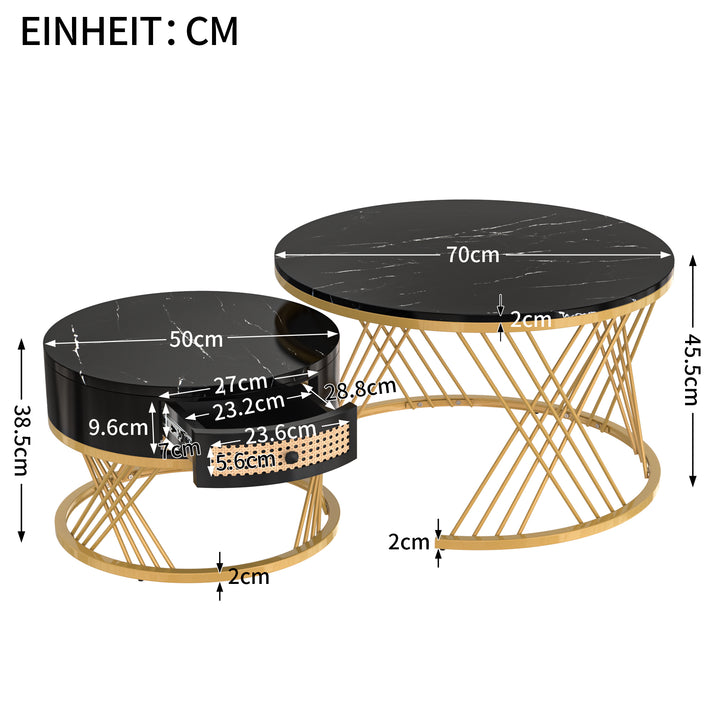 Set of 2 opulent gold nesting coffee tables black marble look & rattan 1 drawer PHAARQUKS BLACK UK