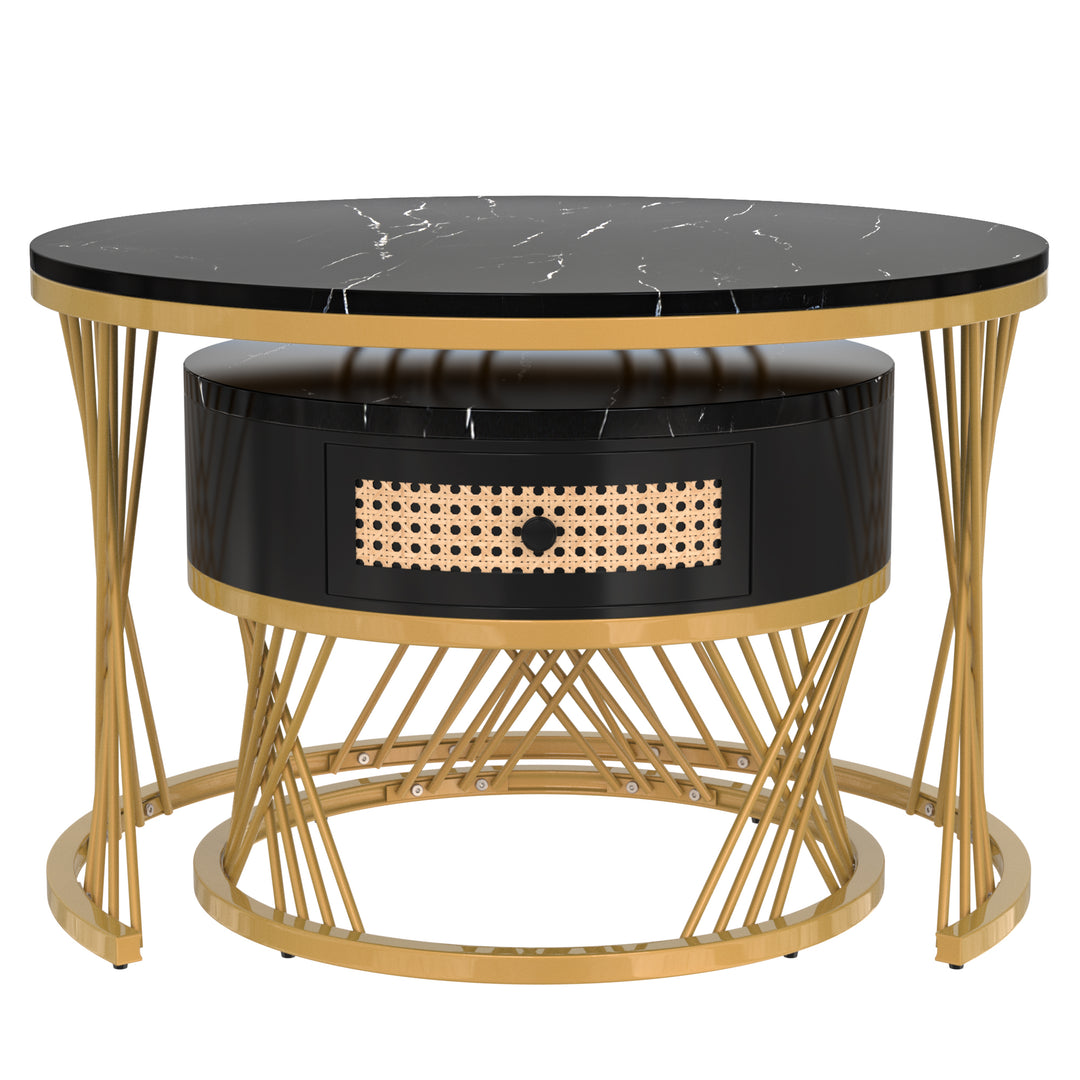 Set of 2 opulent gold nesting coffee tables black marble look & rattan 1 drawer PHAARQUKS BLACK UK
