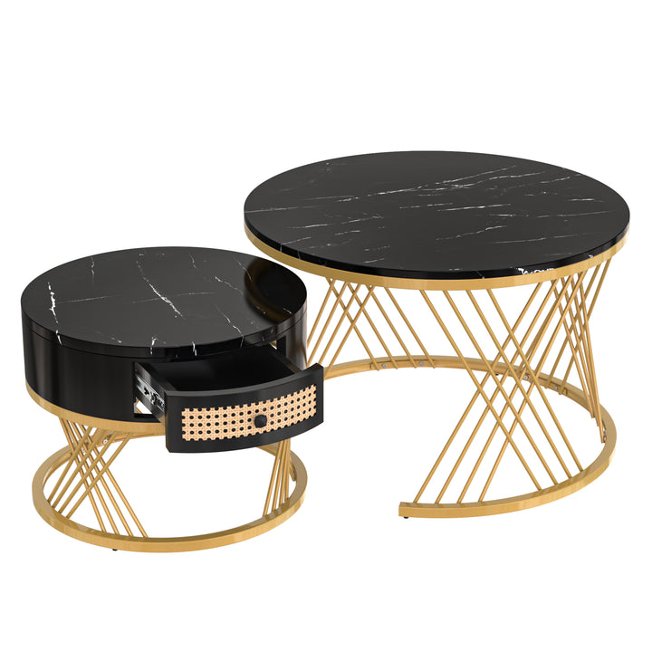 Set of 2 opulent gold nesting coffee tables black marble look & rattan 1 drawer PHAARQUKS BLACK UK