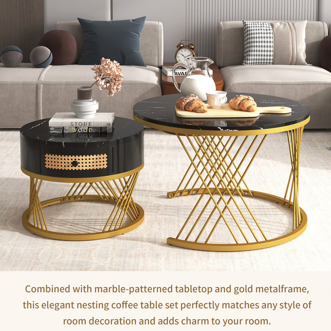 Set of 2 opulent gold nesting coffee tables black marble look & rattan 1 drawer PHAARQUKS BLACK UK